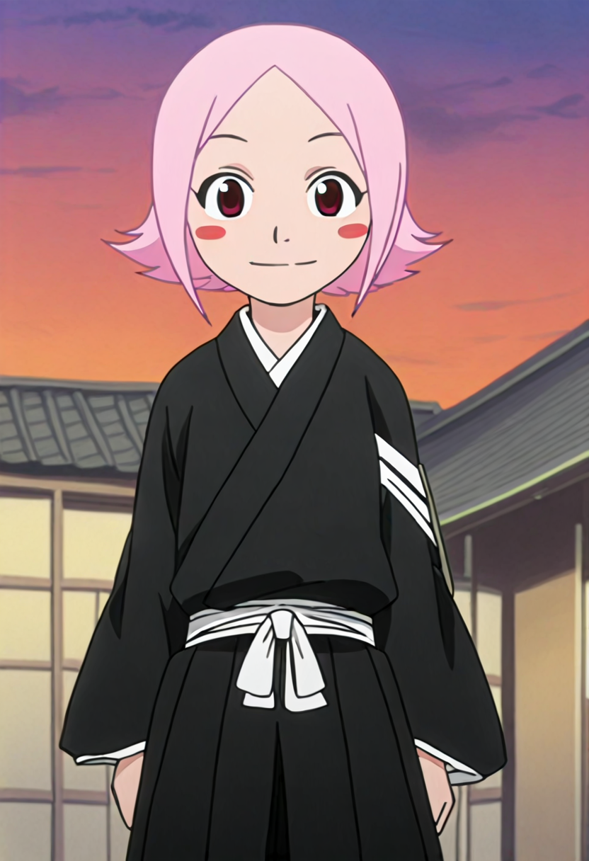 <lora:quartet-illustrious2:1> masterpiece ,1girl, floating hair , looking at viewer, smile, standing , sky, wind , cowboy shot  <lora:Bleach_I_Yachiru:1>  zzyachiruzz, pink hair, long sleeves, short hair, blush stickers, red eyes, japanese clothes, sunset, house, happy, cute, adorable, chibi