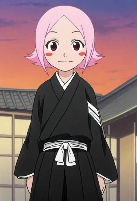 <lora:quartet-illustrious2:1> masterpiece ,1girl, floating hair , looking at viewer, smile, standing , sky, wind , cowboy shot  <lora:Bleach_I_Yachiru:1>  zzyachiruzz, pink hair, long sleeves, short hair, blush stickers, red eyes, japanese clothes, sunset, house, happy, cute, adorable, chibi