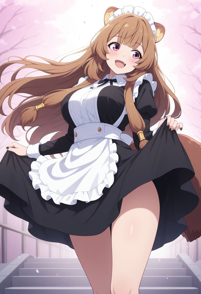 masterpiece, cute, lovely, (best quality:1.3), (amazing quality:1.3), very aesthetic, 1girl, (Kamuo_Style), anime screencap, raphtalia, raccoon ears, fluffy racoon tail, breasts, smiling, open eyes, big eyes, big breasts, blush, close mouth, happy, excited, cell shading BREAK, cherry blossoms background, leaning back, leaning to the side, fangs, smile, black nails, free pose, delicate skin texture, fair skin, delicate face, long eyelashes, pastels, bright tones, wind, light particles, light, bright tones, motion lines, extremely detailed, intricate, delicate details, movie lighting, very beautiful, absurd, dynamic graphics, dynamic angles, special movements, dynamic poses, action poses, dynamic movements, (Illustration: 1.2), (8K Wallpaper), (Beautiful, pretty eyes: 1.2), Delicate eyes, beautiful, soft colors, clear line, soft, pastel, colorful, posing, shadow, head tilted, looking away, standing, upper body , front view, maid uniform, black thighs, maid headwear, apron, loafer, contrapposto, medium long dress, shaded, back lights, lifted by self,
