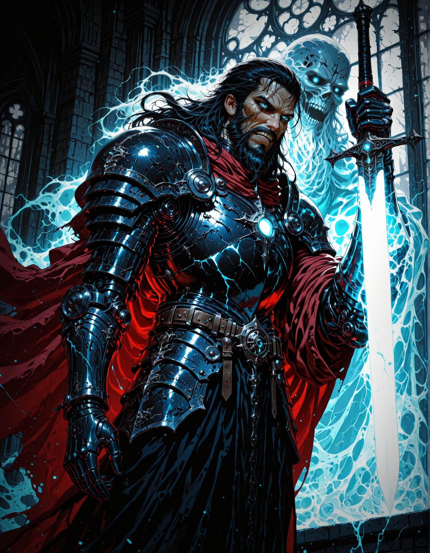 masterpiece, best quality,high quality, newest, highres,8K,HDR,absurdres, dimly lit, rim lighting, occult, gothic, eerie, (solo), 1boy, beard, long hair, black hair, face scar, blue eyes, halfplate armor, red cloak, left robotic arm, dutch angle, dynamic pose, black frilly drapes, in front of a window, ghosts, spirits, highly detailed, holding a glowing sword, horror,  <lora:iLLMythM4gicalL1nes:1> M4gicalL1nes