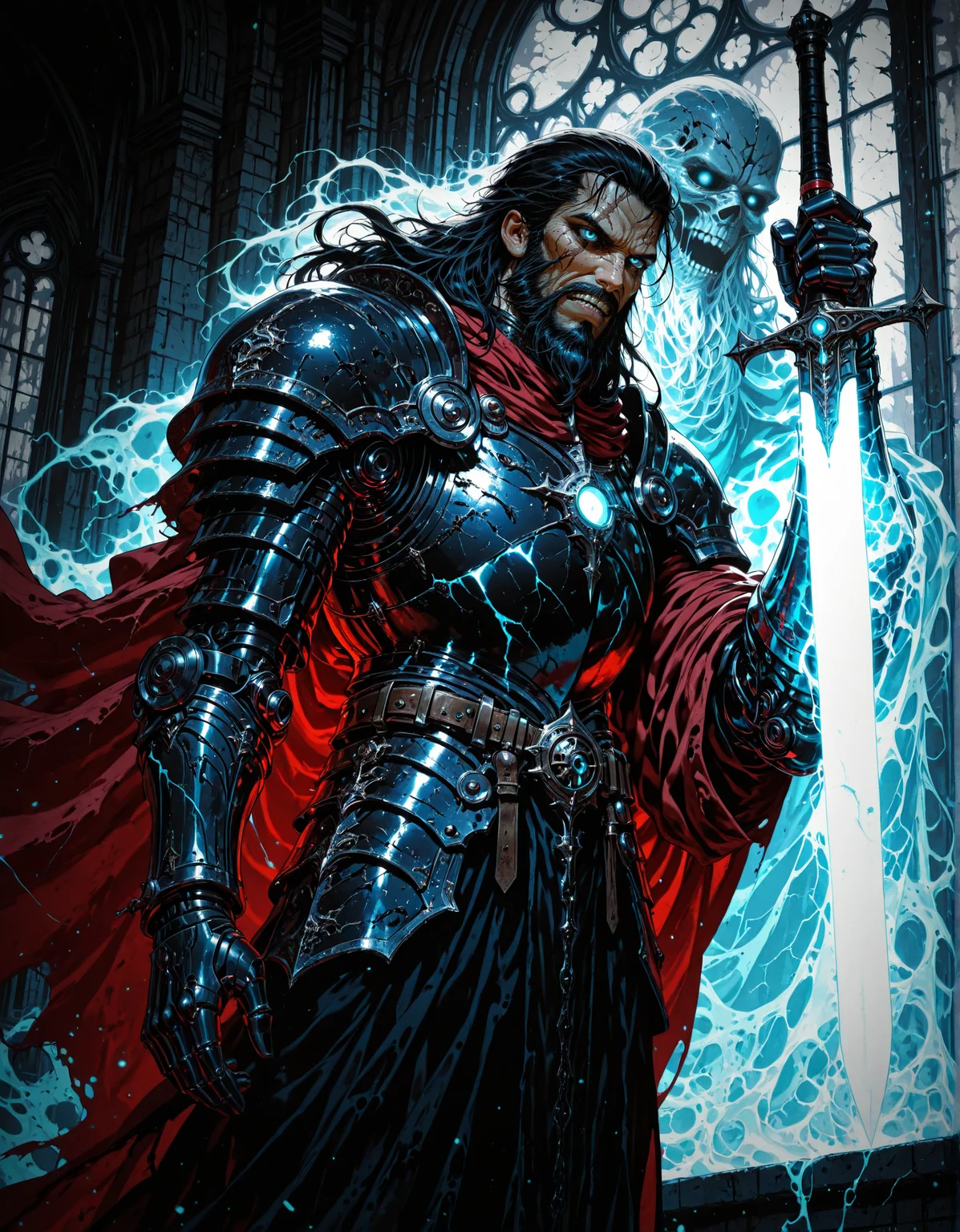 masterpiece, best quality,high quality, newest, highres,8K,HDR,absurdres, dimly lit, rim lighting, occult, gothic, eerie, (solo), 1boy, beard, long hair, black hair, face scar, blue eyes, halfplate armor, red cloak, left robotic arm, dutch angle, dynamic pose, black frilly drapes, in front of a window, ghosts, spirits, highly detailed, holding a glowing sword, horror, <lora:iLLMythM4gicalL1nes:1> M4gicalL1nes