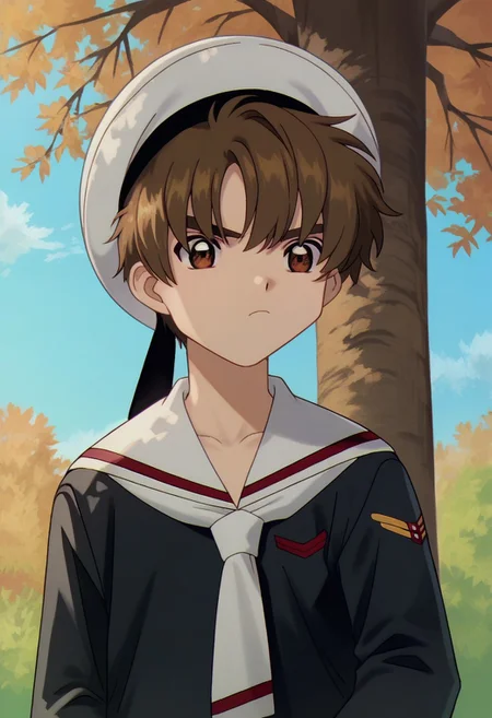 score_9, score_8_up, score_7_up, source_anime, highly detailed,
syaoran, 1boy, male focus, solo, brown hair, brown eyes, hat, white headwear, school uniform, shirt, black shirt, long sleeves, sailor collar, frown,
outdoor, sky, cloud, tree