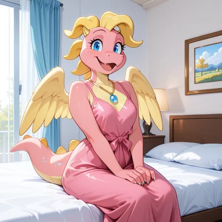 1girl, highres, absurdres, newest, masterpiece, best quality, furry, furry_female, detailed eyes, Cassie_dt, pink scales, yellow wings, blonde hair, small horns, tail, claws, blue eyes, necklace, 1girl, anthro, pink dress, (sitting, hands on lap, happy), open_mouth, open mouth smile, luxurious detailed room, bright room, day scene, professional lighting, white bed, white walls, solo, bedroom, smiling, seductive, looking_at_viewer, masterpiece, close up, safe