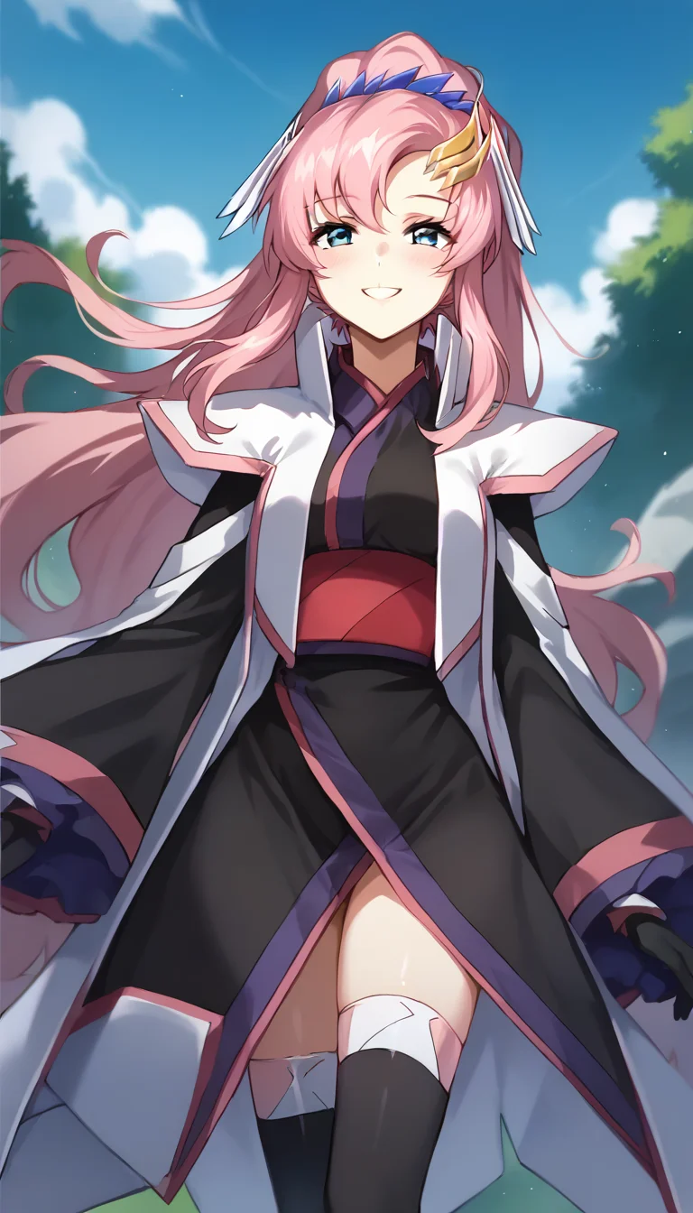 score_9,score_8_up,score_7_up,score_6_up BREAK official art,solo,outdoors,cowboy shot,looking at viewer,facing viewer,smile,blush,Lacus Clyne,very long hair,pink hair,ponytail,hair ornament,sidelocks,bangs,blue eyes,japanese clothes,white cape,black dress,red obi,long sleeves,wide sleeves,black gloves,medium breasts,zettai ryouiki,black thighhighs,boots,<lora:Lacus Clyne(msg seed)-Pony:1.8>,