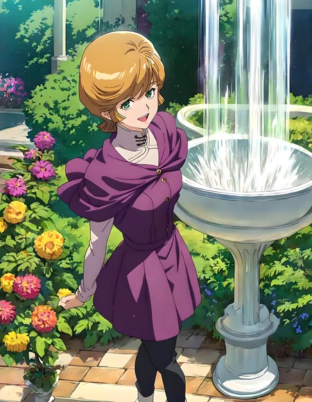 <lora:pony_xl_audrey:0.9>,audrey,score_9,score_8_up,score_7_up,source_anime,best quality,masterpiece,super fine illustration,1girl,solo,purple short sleeve jacket,open_clothes,white long sleeve shirt,shirt_tucked_in,black pants,gardens,fountain,smile,;d,open your mouth and laugh,standing,arms_behind_back,knees_together_feet_apart,cowboy_shot,looking_at_viewer,lens_flare,available light,
