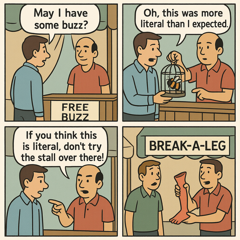 comic strip style, 4 images with white framing lines. In the first image, you will see a man standing in front of a market stall, asking the man at the desk, "May I have some BUZZ?", and the market stall has a lower sign with the text "Free BUZZ". In the next image, the man by the desk is handing an small bird cage with a bumble bee to the man, who then says, "Oh, this was more literal than I expected".
In the third image, the man at the desk replies "If you think this is literal, don't try the stall over there!" as he points in another direction. The fourth image shows another market stall with a lower sign with the text "Brake-a-leg", and a man is handing over a human leg to a surprised man.