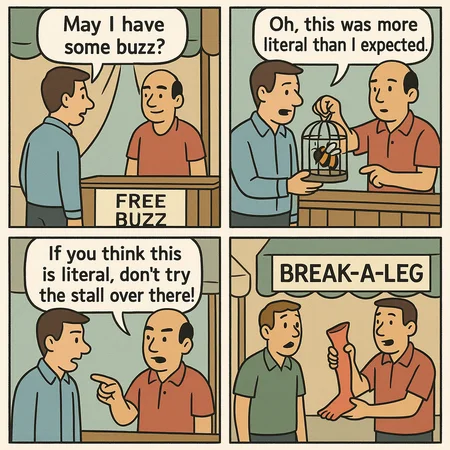 comic strip style, 4 images with white framing lines. In the first image, you will see a man standing in front of a market stall, asking the man at the desk, "May I have some BUZZ?", and the market stall has a lower sign with the text "Free BUZZ". In the next image, the man by the desk is handing an small bird cage with a bumble bee to the man, who then says, "Oh, this was more literal than I expected".
In the third image, the man at the desk replies "If you think this is literal, don't try the stall over there!" as he points in another direction. The fourth image shows another market stall with a lower sign with the text "Brake-a-leg", and a man is handing over a human leg to a surprised man.