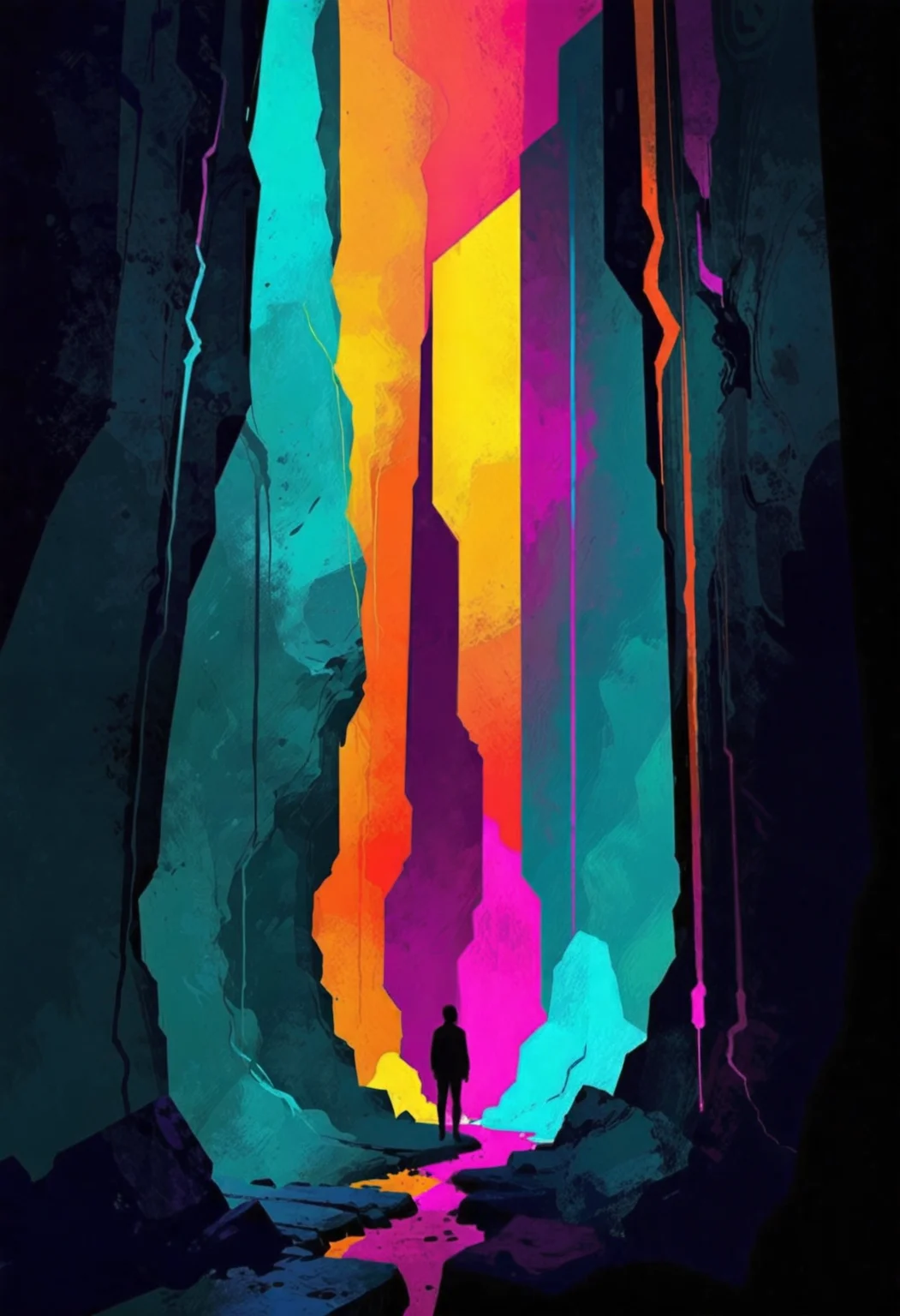 artmix06. A lineless minimalist concept artwork portraying a view, gazing into a bottomless chasm with an array of bright monoliths piercing its dark walls. An ancient evil awaiting at the end. The setting's light is accentuated by a bizarre feeling. The concept artwork's style is hand-drawn, characterized by bold color blocking, using minimalist designs with lineless shapes as well as free form. The color concept is defined by complementary hues inspired by fauvism. <lora:dmd2_sdxl_4step_lora> <lora:xl_artmix06>
