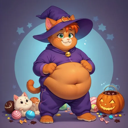 score_9, score_8_up, score_7_up, source_anime, candy everywhere, eating chocolate, white skin, standing in a pile of candy, full of candy, floating candy, magic, hands in belly, freckles, cat ears, cat tail, cat paws, orage fur, furry anthro, halloween candy, easter chocolate, 1girl, covered in chocolate, wearing witch costume, wearing purple sweatpants, witch hat, fat thights, barefoot, soles, face covered in chocolate, fat, belly overhang, happy mood, happy expression, smile, ginger hair, fat arms, fat legs, double chin, green eyes, fat chest, messy hair, tired, halloween theme, chibfurri, five toes, cub.