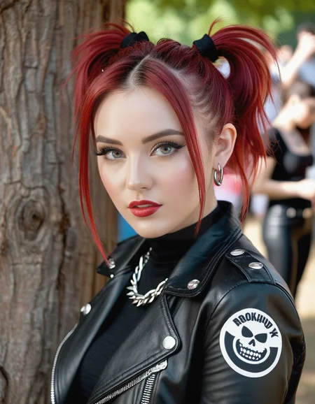 score_9, score_8_up, score_7_up,
(vivacious punk) young woman, korean, dark brown eyes, pale skin, slender build, wearing a tattered rock band t-shirt ,ripped leather pants,knee-high leather boots, red brown hair, doughnut hair bun, plethora of silver hoop earrings adorning her ears, mascara,chunky chain necklace,plethora of chunky silver rings,spiked choker, set in a makeshift DIY stage, set up under the shade of a gnarled oak tree, surrounded by amplifiers and speakers, Bands clad in leather jackets and ripped jeans perform raucous punk anthems to a crowd of moshing fans
amazing quality, ultra realistic, 3D, HD, best quality, amazing quality, very aesthetic, absurdres