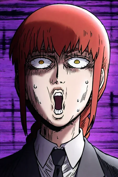 makima, red hair, long hair, ringed eyes, braid, white collared shirt,black necktie, black jacket, black pants, yellow eyes, 1girl, solo, alone, <lora:mob_psycho_funny_face_illustriousXL:0.8>, mob_psycho_funny_face, face focus, open mouth, exaggerated expression, wide eyed, impact lines, teeth, sweat, meme, parody, distorted purple background, masterpiece, highres