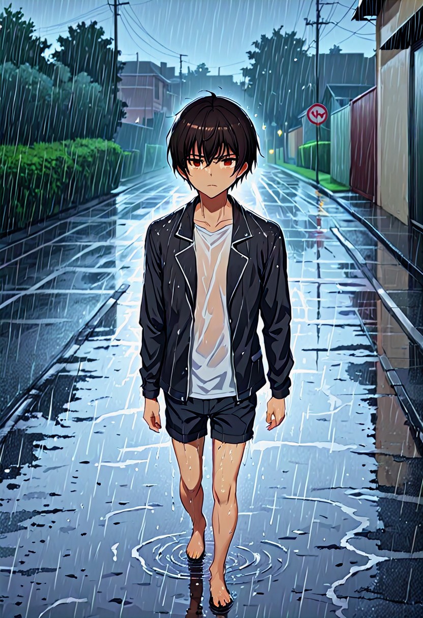high resolution, solo, best quality, 1Boy, Seiya Kanie, Black Hair, Short Hair, Thin, Brown Eyes, Walking in the rain, puddles, calm, wet, wet hair, bangs,