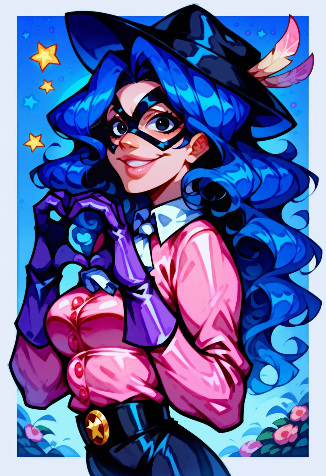 score_9, score_8_up, score_7_up,
1girl, belt buckle, black belt, black eyes, black hat, black mask, blue background, blue hair, buttons, collared shirt, domino mask, gloves, grin, hat feather, heart, heart hands, lips, long hair, long sleeves, looking at viewer, masked, medium breasts, parted lips, pink lips, pink shirt, purple gloves, shirt, smile, solo, underbust, wavy hair, white ascot, outdoors, night sky, stars, (from side:1.25),
<lora:SR1:0.75> <lora:DetailedEyes_V3:1>