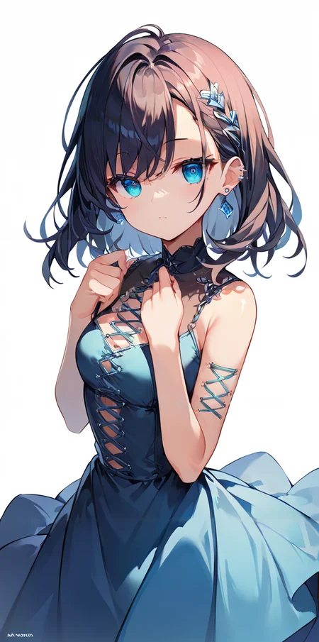 score_9, score_8_up, score_7_up,source_anime, high res image,masterpiece,best quality,girl,cute face,clear skin,shiny hair,ultra detailed eyes,simple background, <lora:corset piercing_pony_V1.0:1> corset piercing, riboon, piercing,dress