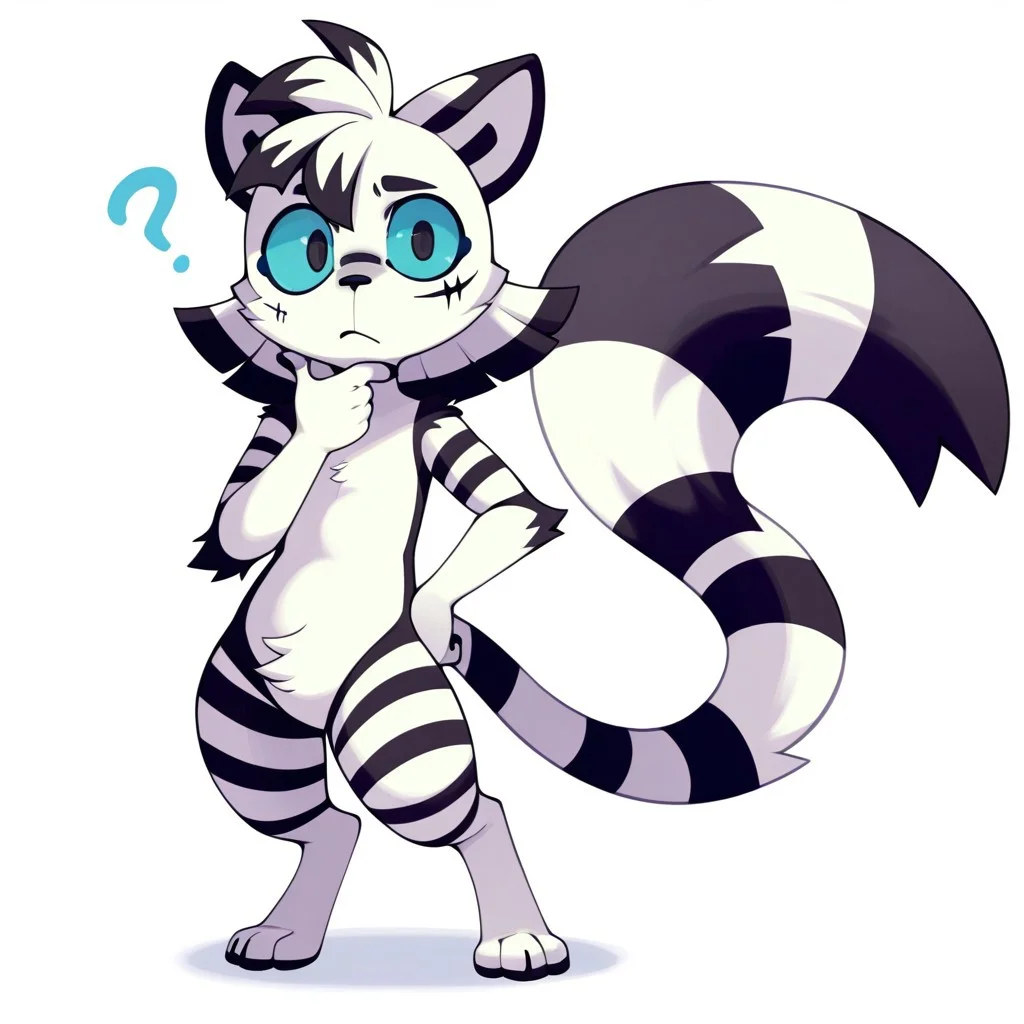 Xell(OC), solo, 1boy, tiger, male furry, semi-anthro, shortstack, white and black fur, striped fur, striped tail, short hair, black eyes, blue sclera, animal ears, scar under eye, full body, looking at viewer, standing, hand on chin, confused look, white background,
