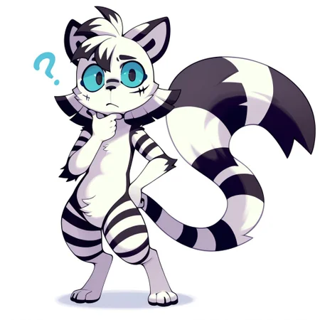 Xell(OC), solo, 1boy, tiger, male furry, semi-anthro, shortstack, white and black fur, striped fur, striped tail, short hair, black eyes, blue sclera, animal ears, scar under eye, full body, looking at viewer, standing, hand on chin, confused look, white background,