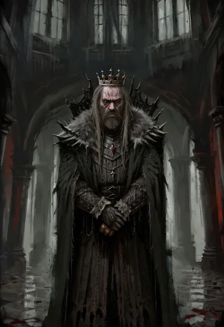 (horror-themed digital painting in jrst artstyle:1.2) about a mad king, upper body portrait, hair down, dirty, stubble beard, sad, depressed, tear, tattered noble outfit, crumbling palace interior, unsettling, terrifying, dark, spooky, suspenseful, grim, highly detailed