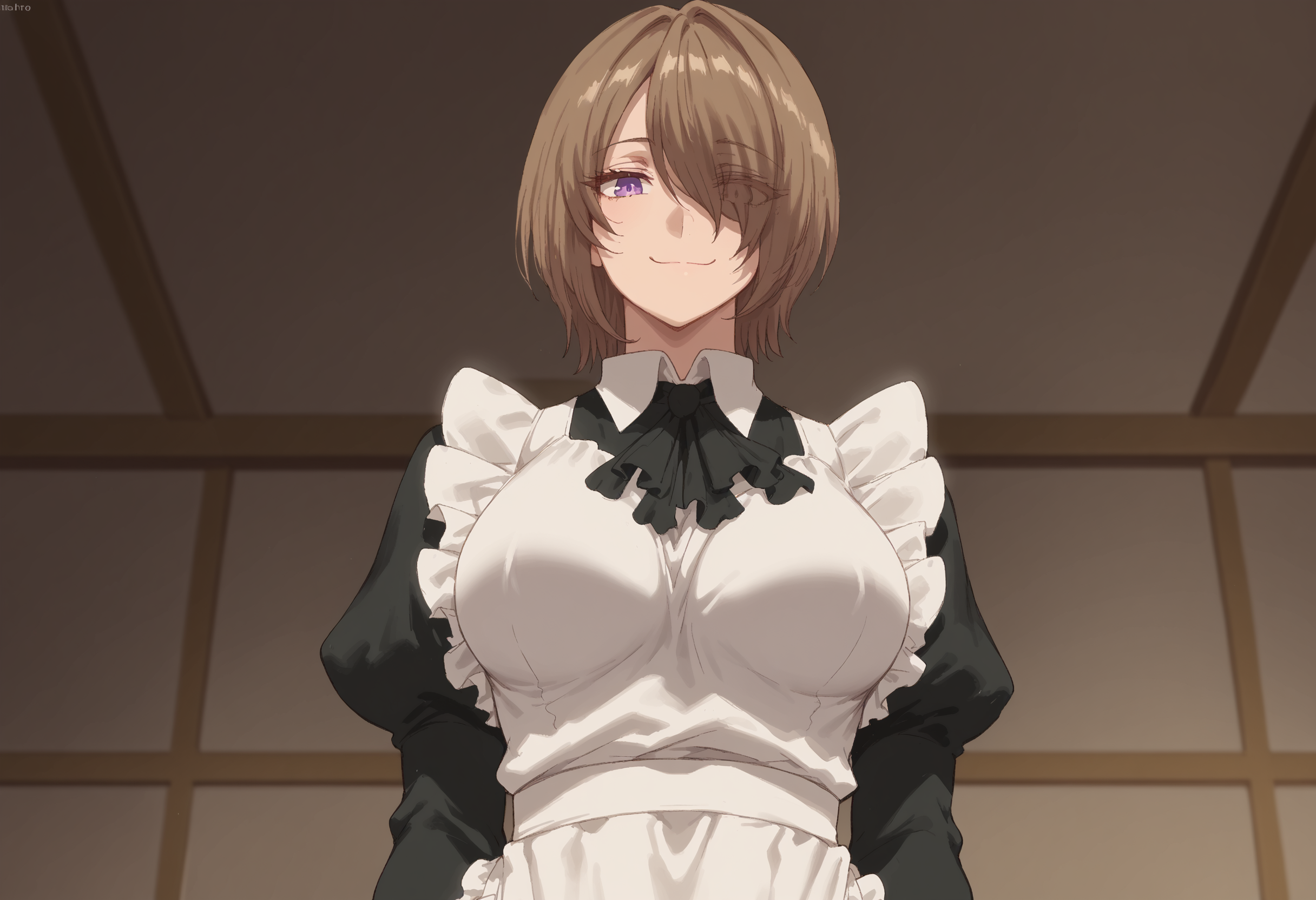 score_9, score_8_up, score_7_up, highres, high res image, masterpiece, 1girl, 23yo,mature woman, (solo:1.2), bright colors, detailed face, detailed eyes, anime style, large breasts,
<lora:KaifukuMeido-000002:0.9>, KaifukuMeido, Meido, brown hair, short hair, purple eyes, maid outfit, apron, white maid apron, looking down,gentle smile, closed mouth, large breasts, eyes half open, standing,hair over one eye, (upper body:1.2), (head up:1.3),