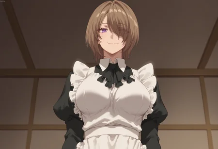 score_9, score_8_up, score_7_up, highres, high res image, masterpiece, 1girl, 23yo,mature woman, (solo:1.2), bright colors, detailed face, detailed eyes, anime style, large breasts,
<lora:KaifukuMeido-000002:0.9>, KaifukuMeido, Meido, brown hair, short hair, purple eyes, maid outfit, apron, white maid apron, looking down,gentle smile, closed mouth, large breasts, eyes half open, standing,hair over one eye, (upper body:1.2), (head up:1.3),