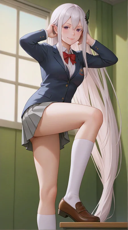 zPDXLxxx,score_9,score_8_up,score_7_up,realistic,masterpiece,best quality,perfect anatomy,very aesthetic,absurdres,
<lora:Quality tweaker_last:-2>,
<lora:Breast Slider - Pony_alpha1.0_rank4_noxattn_last:2>,
<lora:azurlaneXLP6lokrV4236T2:0>,
solo,blush,smile,
from side,from below,adjusting hair,arm behind head,bent over,
<lora:Echidna PonyXL Anzhc v1.6:1>,
echidna,purple eyes,white hair,hair between eyes,very long hair,butterfly hair ornament,
school uniform,red bowtie,blazer,blue jacket,collared shirt,white shirt,grey skirt,pleated skirt,white socks,kneehighs,shoes,