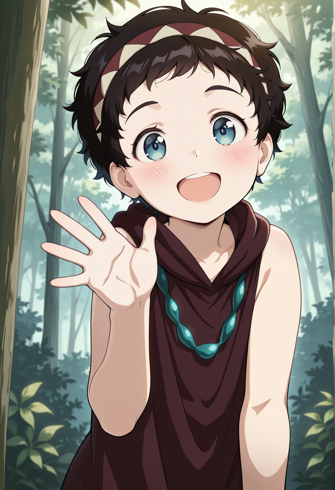 1boy, rana, short dress, necklace, short hair, blue eyes, black hair, hairband, solo, (upper body:1.4), smile, open mouth waving, forest, standing <lora:catleya_illus:1>, masterpiece, best quality, amazing quality, very aesthetic, absurdres, highres, newest
