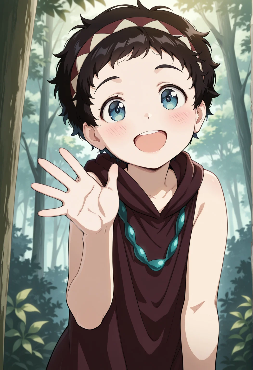 1boy, rana, short dress, necklace, short hair, blue eyes, black hair, hairband, solo, (upper body:1.4), smile, open mouth waving, forest, standing <lora:catleya_illus:1>, masterpiece, best quality, amazing quality, very aesthetic, absurdres, highres, newest