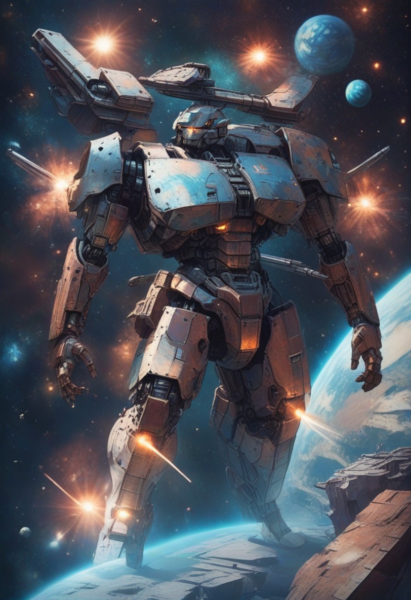 lazympos,
mecha,made of copper,science fiction,no humans,glowing,retro artstyle,space,star \(sky\),planet,earth \(planet\),space craft,starry sky,weapon,milky way,