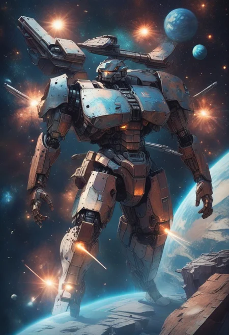 lazympos,
mecha,made of copper,science fiction,no humans,glowing,retro artstyle,space,star \(sky\),planet,earth \(planet\),space craft,starry sky,weapon,milky way,