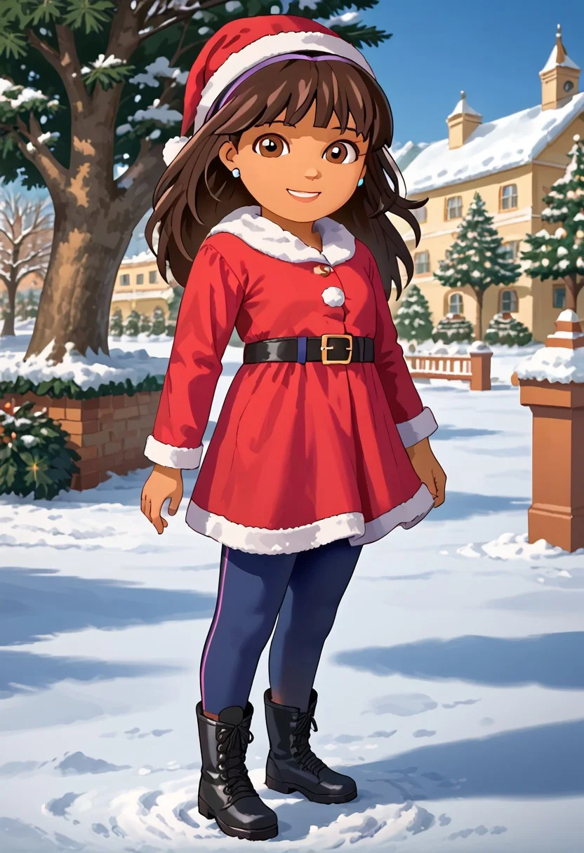 score_8, score_9, break, solo, female child, dora_af, dark-skinned female, brown hair, long hair, hairband, earrings, brown eyes, santa claus suit, black belt, leggings, santa claus hat, black boots, smile, looking at viewer, outdoors, park, snow, fullbody,