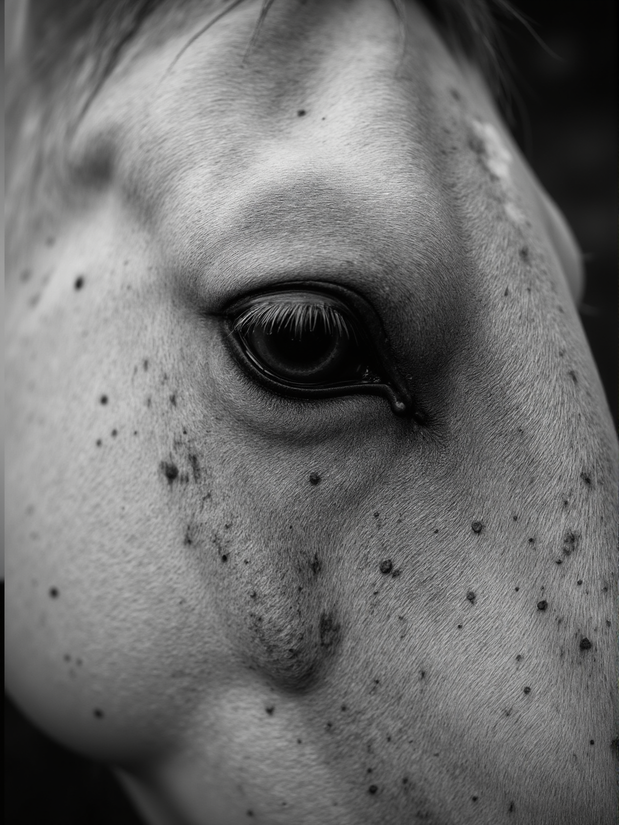 A black and white close-up portrait of a horse's eye. The eye is detailed with a deep, dark iris surrounded by a wispy, almost cloud-like pattern. The horse's coat is a mix of white and light gray, with some areas showing signs of wear or tear. The texture of the skin is visible, with fine lines and freckles. The background is blurred, emphasizing the horse as the main subject. The style of the image is dramatic and evocative, with a focus on the horse's facial features and the play of light and shadow.
