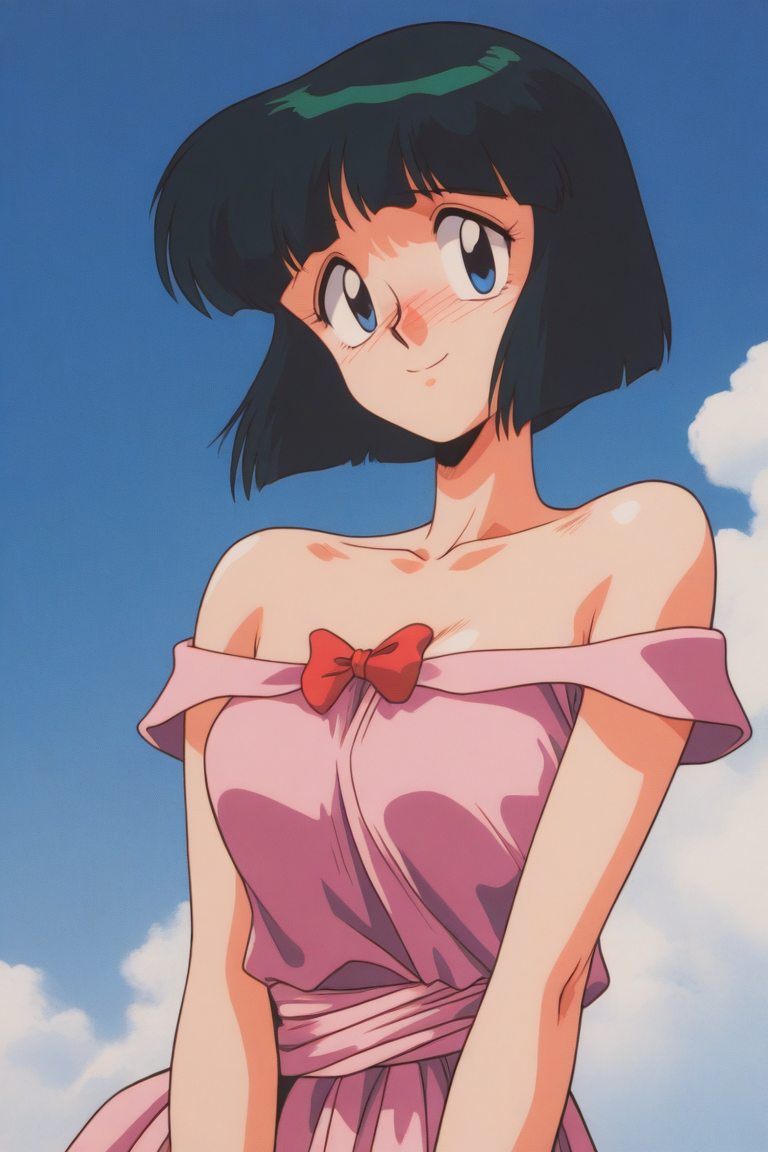 masterpiece, best quality, source_anime,official art,perfect_anatomy,1990s_\(style\),retro_artstyle,1girl,Meiko_Rokudo,black_hair,blunt_bangs,short_hair,pink_dress,bare_shoulders,white_gloves,(detailed face,looking_at_viewer,smile,shy),upper_body,blue_sky,cloud