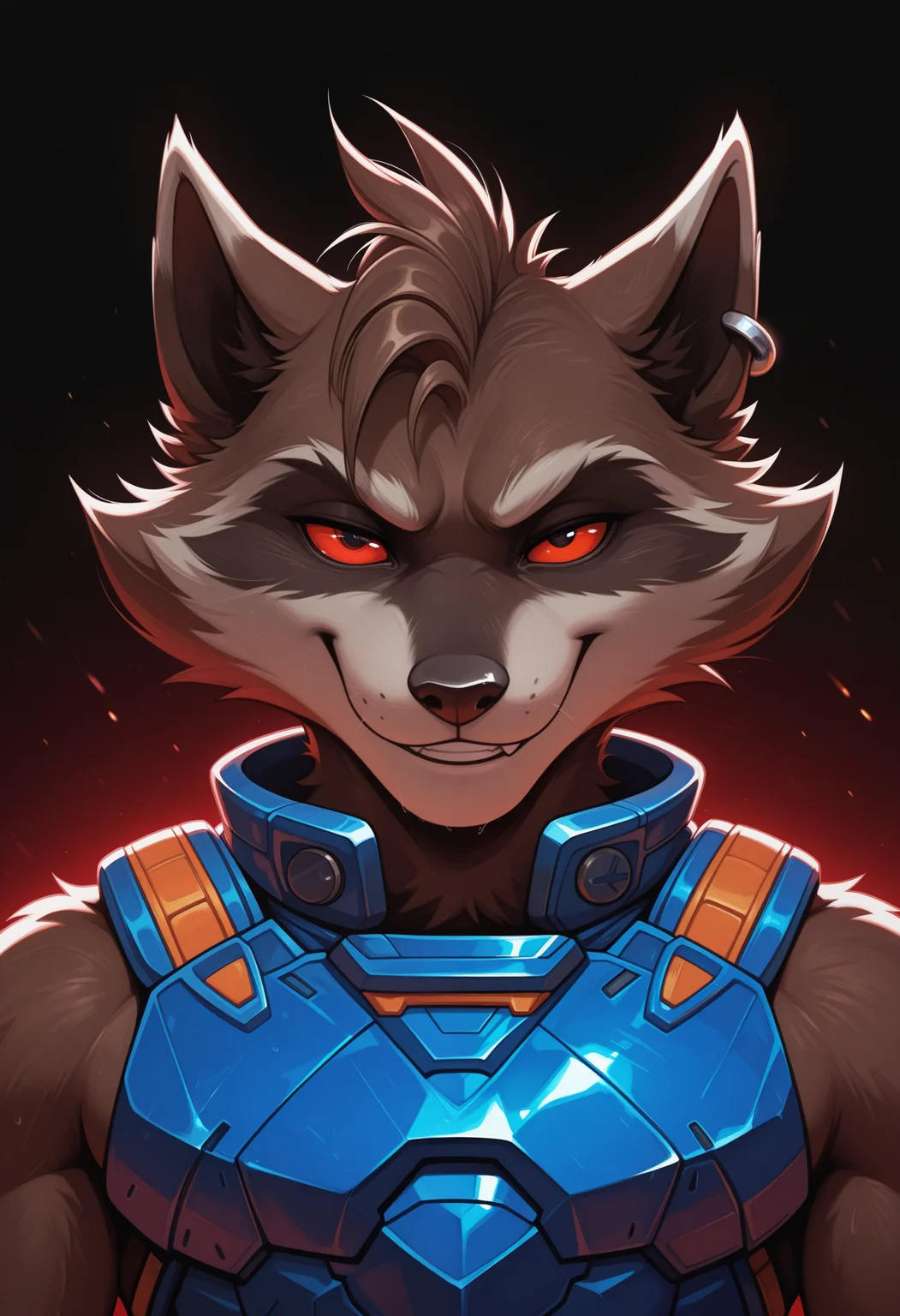 masterpiece, best quality, amazing quality, 1boy, solo, Rocketmr, blue armor, earring, close-up, smile,