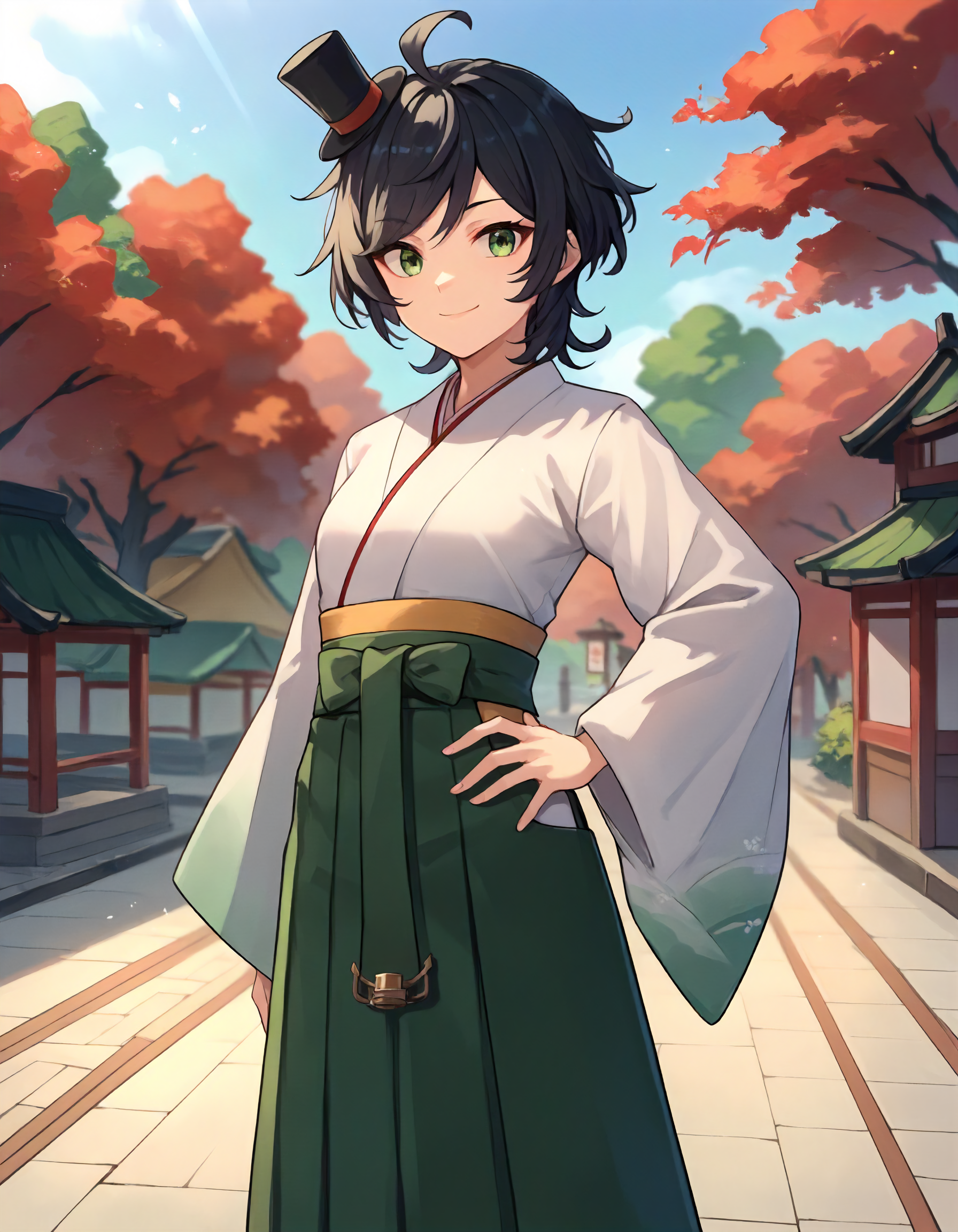 score_9,score_8_up,score_7_up,source_anime,
1girl,solo,cowboy shot,looking at viewer,smile,hand on hip,
<lora:matsukaze_ponyXLV6:0.6>,kcmtkz,black hair,short hair,wavy hair,swept bangs,ahoge,
green eyes,mini top hat,japanese clothes,
white kimono,green hakama skirt