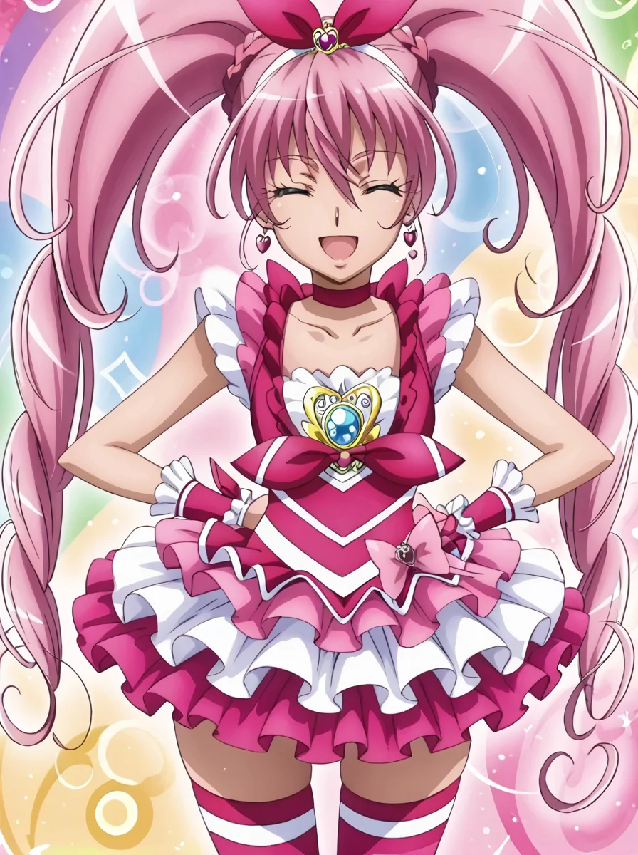 detailed background, shiny skin, rating safe,
<lora:curemelody.pony:1>
curemelody,
wide hips, 
closed eyes, happy,,