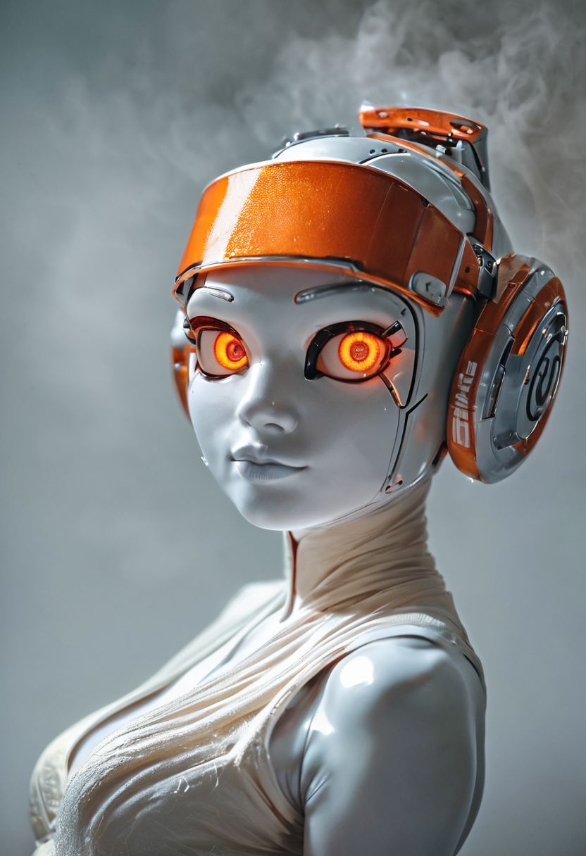 score_9, score_8_up, score_7_up, score_6_up, score_5_up, close up, from side,  robot girl, (short stack:1.2), white skin, (wide hips:1.1), (holo visor:1.2), medium breasts, (toned body:1.2), (silk atire:1.4), (orange eyes:1.2), 
reclining, (smiling:0.4). looking at viewer, detailed eyes, detailed face,
43stl1ght1ng, low light, dramatic lighting, darkness, smoke, raw, photo, realistic,