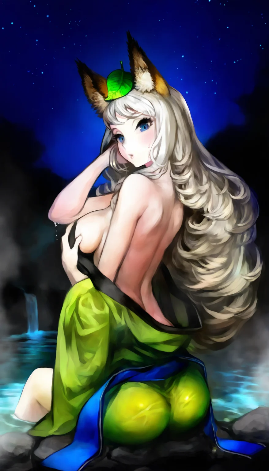 masterpiece,best quality,amazing quality,
<lora:yuzuruhaNAI:0.9>,yuzuruha,
1girl,solo,pale skin,white hair,long hair,wavy hair,bangs,fox ears,a green leaf on head,blue eyes,topless,green kimono,blue obi belt,
cowboy shot,back view,
looking at viewer,parted lips,
(sitting:1.1),left hand covering breast,right hand adjusting hair,
wet,dripping,(wet clothes:1.2),
outdoots,water,river,night,rock,onsen,fog,
vignetting,(dark:1.1),(starry sky:1.1),light particles,depth of field,aura,