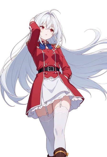Smooth Quality,masterpiece,very intricate, high quality details, ultra realistic, high detailed skin,detailed enviorement,absurdres,
Hand on own head,
<lora:Terakomari_Gandesblood_CNR:0.8>
terakomari_cnr, teraawe_cnr, 1girl,white hair, very long hair,braid, floating hair, ahoge, hair between eyes, hair intakes, red eyes
red jacket, long sleeves, epaulettes, white skirt, white thighhighs, garter straps,boots, black belt,blue bowtie,, simple background, white background, from below,
walking, one hand in pocket, looking aside, casual, confident, ,, ^o^,, double-breasted jacket, ,track jacket, ,lace thighhighs, ,
