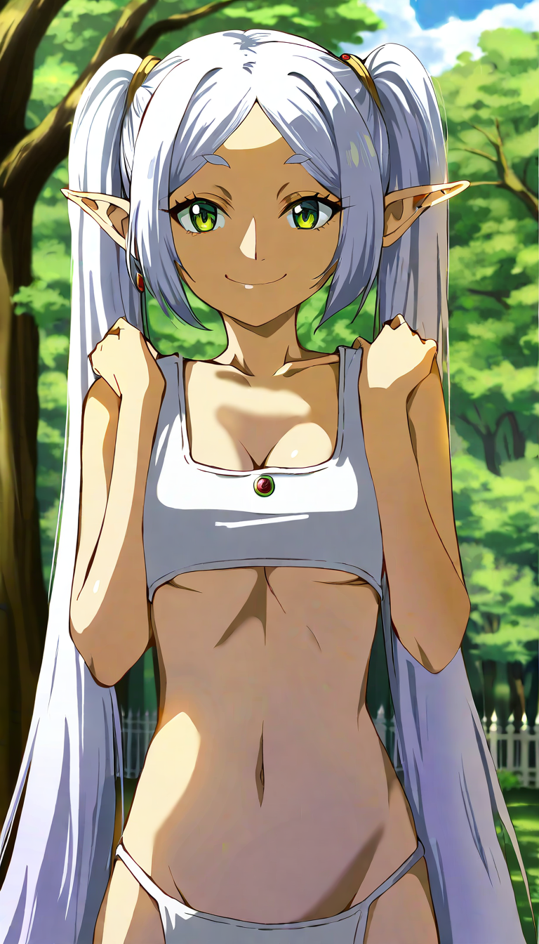 1girl,madhouse-Animestyle,<lora:MadHouseXL-Anime_Style-000006:1>,frieren,sousou no frieren,elf,looking at viewer,standing,smile,portrait,solo,white hair,green eyes,long hair,twintails,navel,outdoors,day,tree,Masterpiece,best quality,