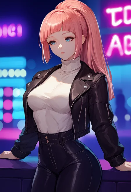 score_9, score_8_up, score_7_up, source_anime BREAK 1girl, solo, <lora:felicia-fe-richy-v2_pdxl:1> flcrnd, blue eyes, pink hair, long hair, ponytail, blunt bangs, breasts, cowboy shot, nightclub, neon lights, bokeh, depth of field, makeup, leather jacket, turtleneck, high waist pants