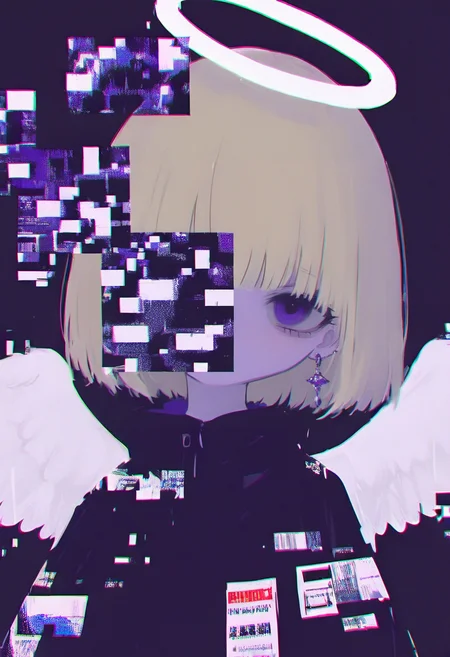 glitch, halo, solo, wings, angel, angel wings, looking at viewer, earrings, 1girl, feathered wings, jewelry, upper body, chromatic aberration, purple eyes, white wings, bangs, blonde hair, short hair, white hair, black background, jacket <lora:748cmXL_NB11_lokr_V6311P:0.95>