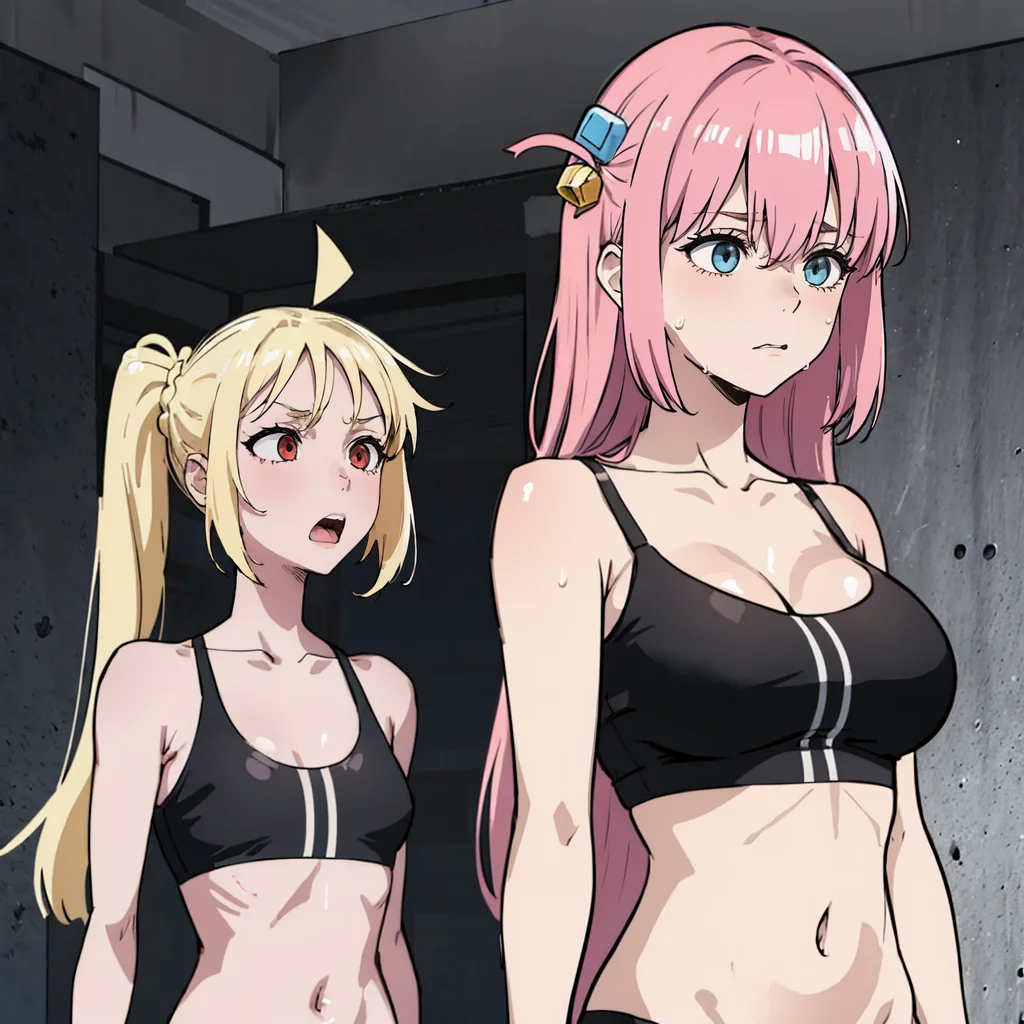 IncrsMediumSupportMeme, multiple girls, 2girls, navel, black sports bra, <lora:MediumSupportMemeV2:0.5>,
BREAK, ijichi nijika, side ponytail, <lora:bocchi_nijikaijichi:1>, breast envy, surprised,
BREAK, gotohdef, one side up, cube hair ornament, <lora:Char_BocchiTheRock_HitoriGotoh:1>, shaded face, sweat, nervous,