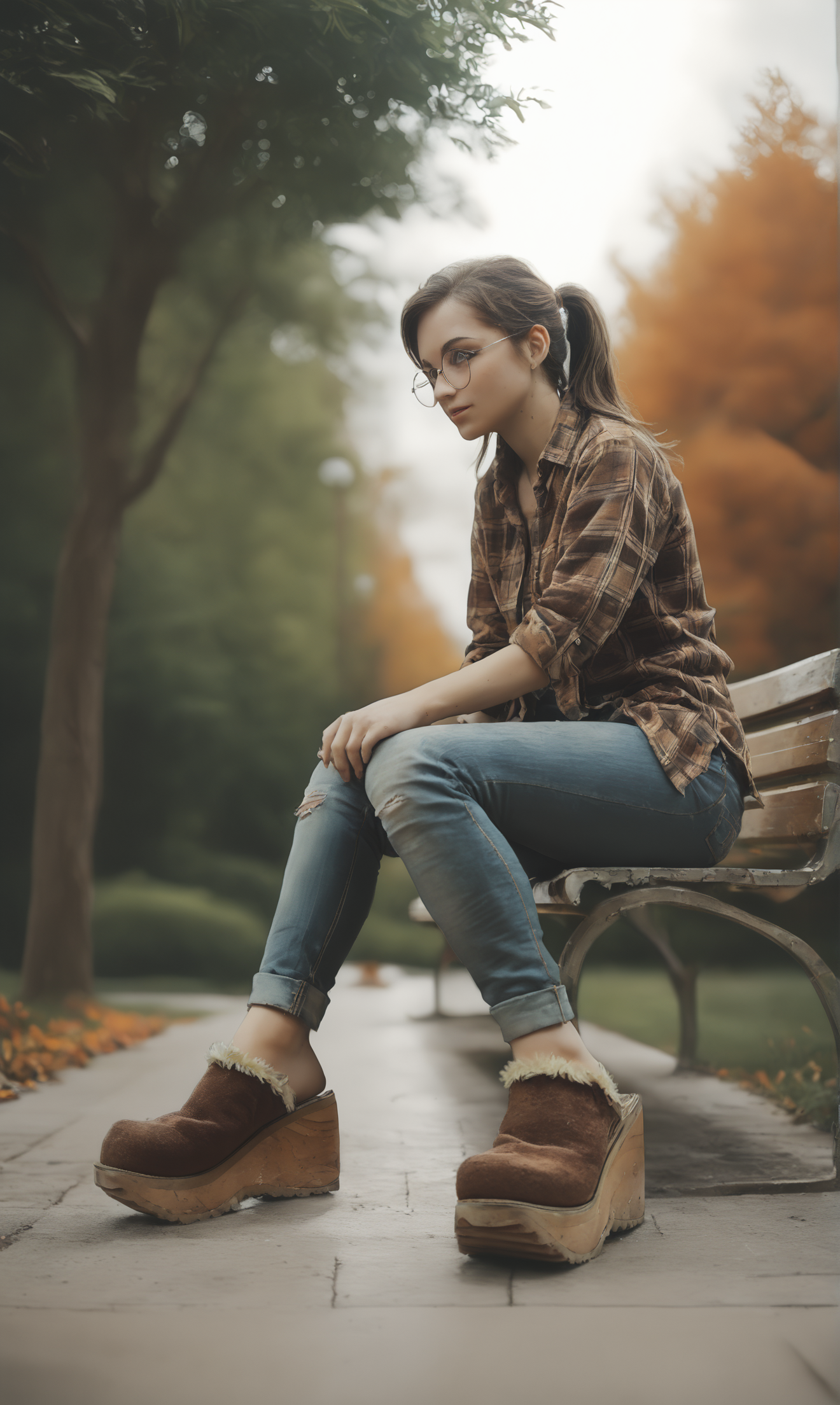 score_9, score_8_up, score_7_up, score_6_up, source_anime,
low angle, from below, from side,
autumn, outdoors, park,
1girl, 
sitting, park bench,
flannel shirt, jeans, round glasses, ponytail, brown hair,
sherpa clogs, platform footwear,
embedding:zPDXLrl ,
embedding:zPDXL2 ,