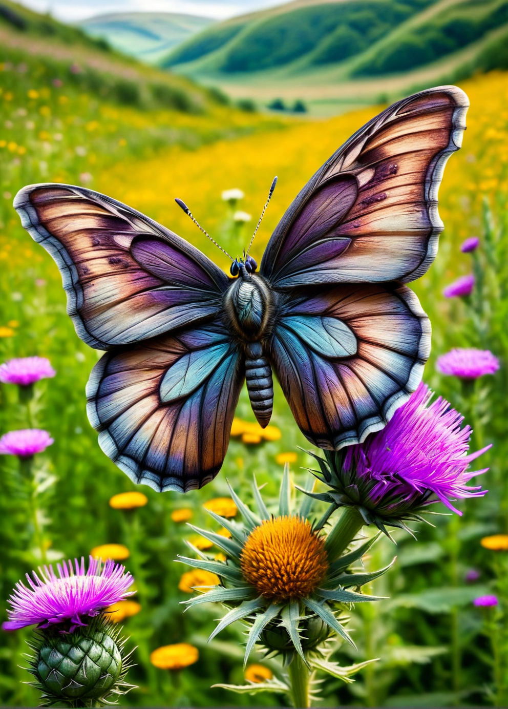 A delicate ais-rghhwn butterfly resting on a thistle, with a wildflower meadow stretching out to the horizon <lora:ais-rghhwn-sdxl:1>