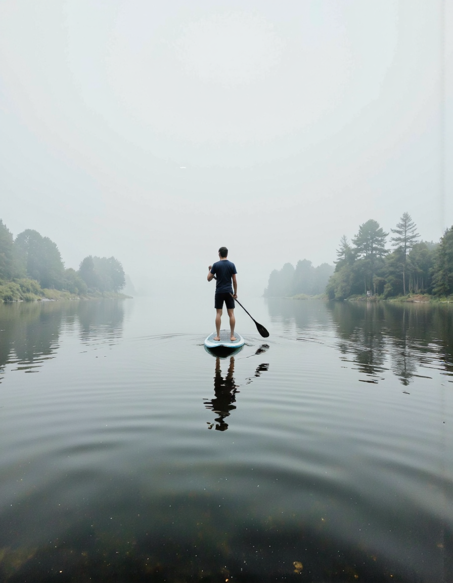 wavefun. A photograph of a person standing on a paddleboard in the middle of a misty lake, holding a paddle. the person is positioned in the center of the frame, facing away from the viewer, with their full body visible. they are wearing a dark blue t-shirt and black shorts, and their feet are bare. the water is calm and still, reflecting the trees in the background, creating a peaceful and serene atmosphere. the image is framed in a simple, minimalist style, with a focus on the person's body and the texture of the water. the lighting is soft and diffused, casting gentle shadows on the water's surface. the overall mood is peaceful and contemplative, with the foggy atmosphere adding to the serene ambiance. <lora:Wind_&_waves_:0.8>