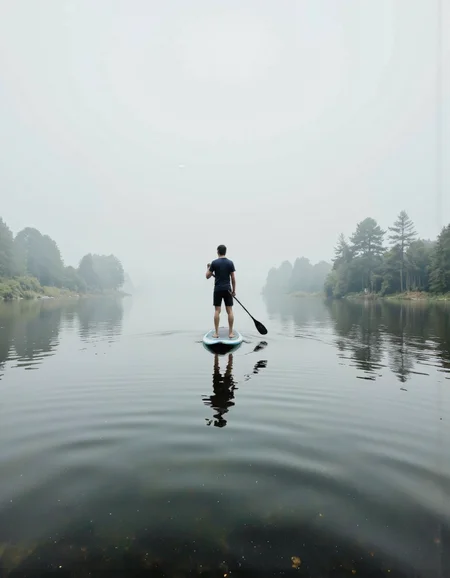 wavefun. A photograph of a person standing on a paddleboard in the middle of a misty lake, holding a paddle. the person is positioned in the center of the frame, facing away from the viewer, with their full body visible. they are wearing a dark blue t-shirt and black shorts, and their feet are bare. the water is calm and still, reflecting the trees in the background, creating a peaceful and serene atmosphere. the image is framed in a simple, minimalist style, with a focus on the person's body and the texture of the water. the lighting is soft and diffused, casting gentle shadows on the water's surface. the overall mood is peaceful and contemplative, with the foggy atmosphere adding to the serene ambiance. <lora:Wind_&_waves_:0.8>