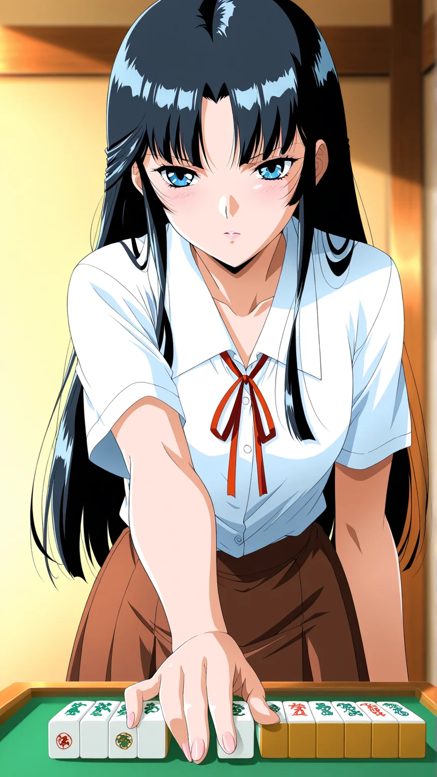 masterpiece, best quality, anime coloring, room, mahjong, mahjong tile,
1girl,solo, mahjong tile,
 <lora:Aya-Fujiwara_lL_v02:1> aya-fujiwara, long hair, black hair, blue eyes, bangs, parted bangs, white shirt, ribbon, school uniform, neck ribbon, brown skirt