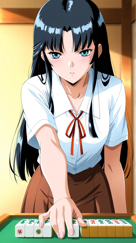masterpiece, best quality, anime coloring, room, mahjong, mahjong tile,
1girl,solo, mahjong tile,
<lora:Aya-Fujiwara_lL_v02:1> aya-fujiwara, long hair, black hair, blue eyes, bangs, parted bangs, white shirt, ribbon, school uniform, neck ribbon, brown skirt