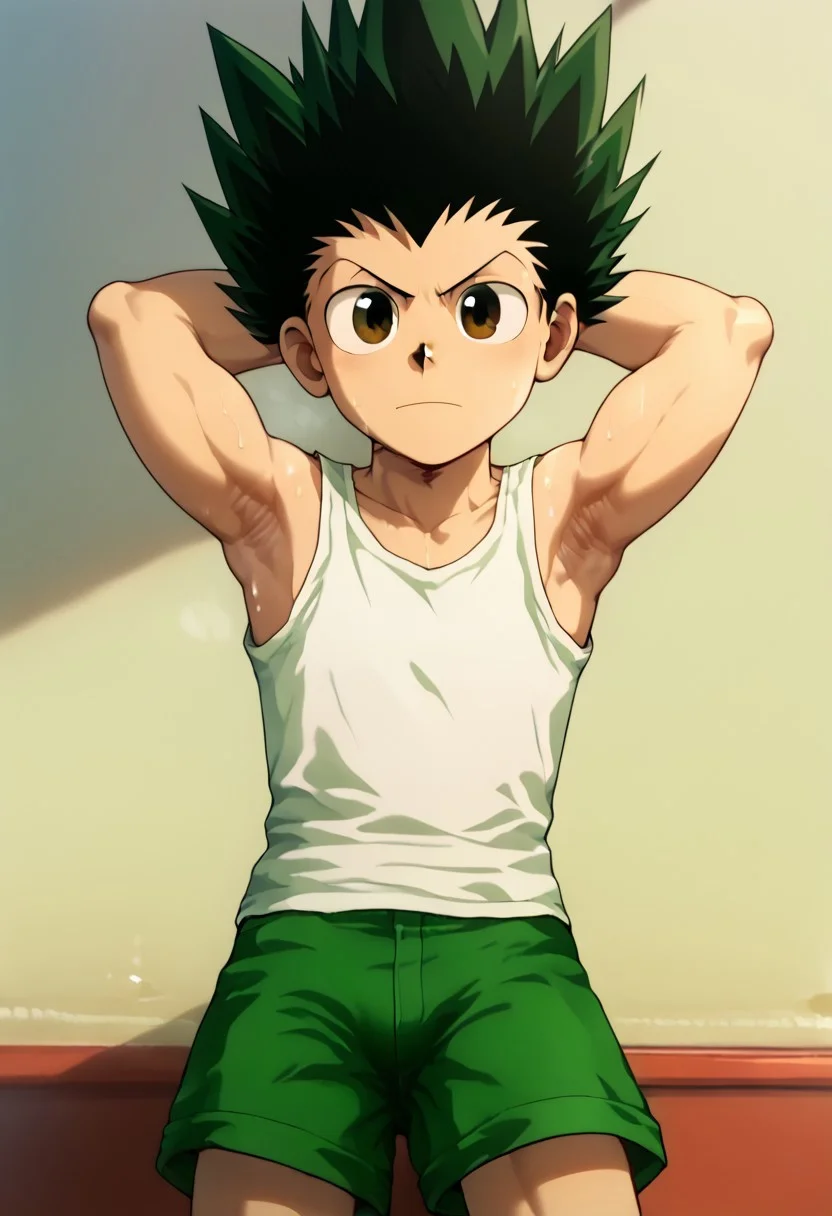 Masterpiece, 1boy, solo, Gon Freecss, HxH, 1boy, male focus, spiked hair, black hair, green hair, white tank top, green shorts, armpits