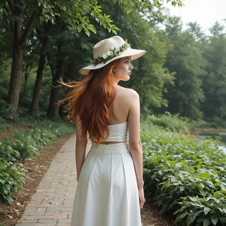 FiadhRose01,score_9,score_8_up,score_7_up,realistic,a fit red hair,green eyes,irish nationality,as a ((android ethicist)) with ((long hair)) wearing a (hat),dressed in white strapless top,white skirt,shiny fabric,wooden structure,blurred greenery,natural daylight,facing away,head turned,slight twist,centered subject,eye-level shot,straight angle,at a concert,Earth Tone color palette,80s music clip background   ,