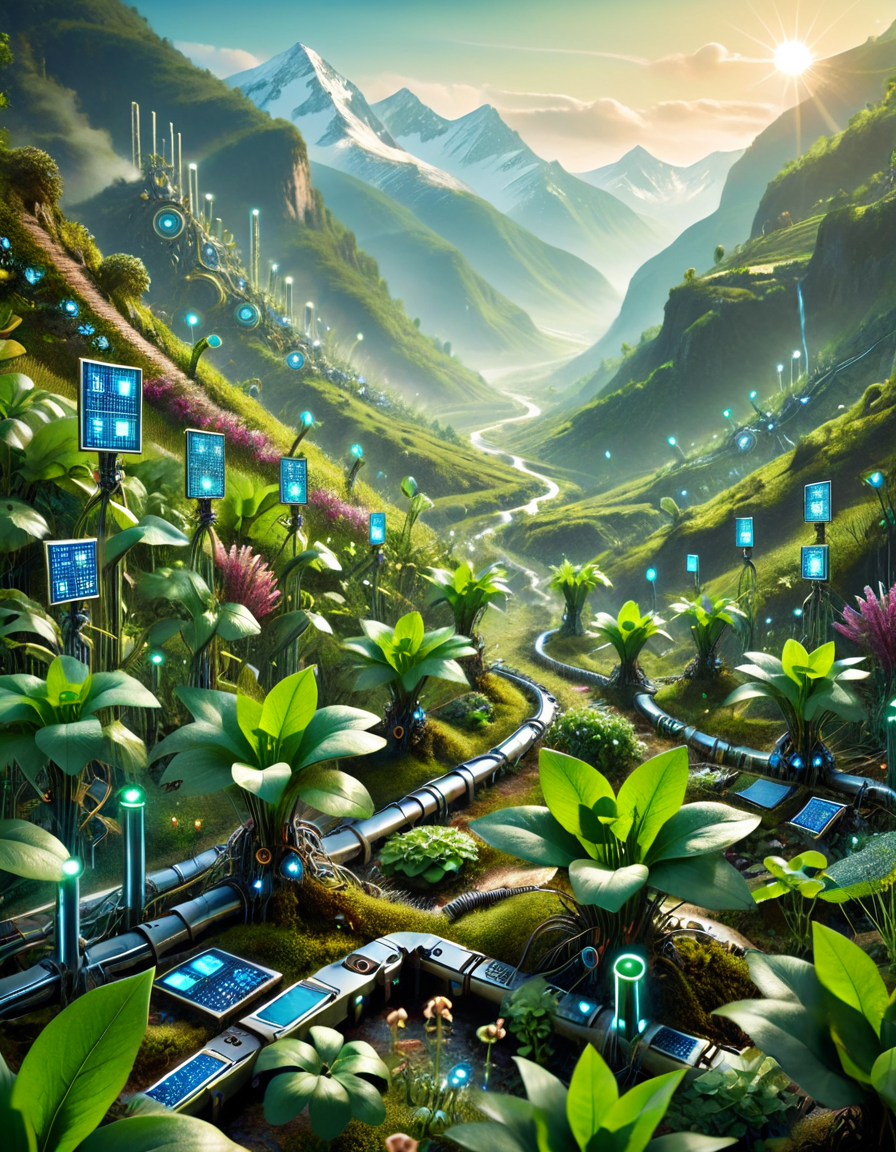 cinematic still mechplantslora, landscape, valley, tech, biotech . emotional, harmonious, vignette, 4k epic detailed, shot on kodak, 35mm photo, sharp focus, high budget, cinemascope, moody, epic, gorgeous, film grain, grainy, mechplantslora, landscape, valley, tech, biotech,Cinematic Lighting, Dramatic lighting, high contrast, detailed shadows, high-resolution, mechplantslora, landscape, valley, tech, biotech, strong dramatic cinematic light, dynamic background, sharp focus, highly detailed, colorful, contemporary, fine detail, intricate, elegant, epic composition, magical atmosphere, theatrical, cute, very inspirational, ambient, inspired, color, bright, amazing, noble, thought, iconic, brilliant, perfect, symmetry